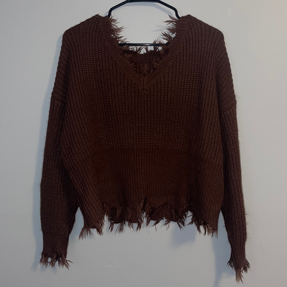 Brown sweater frayed trim size medium from forever 21